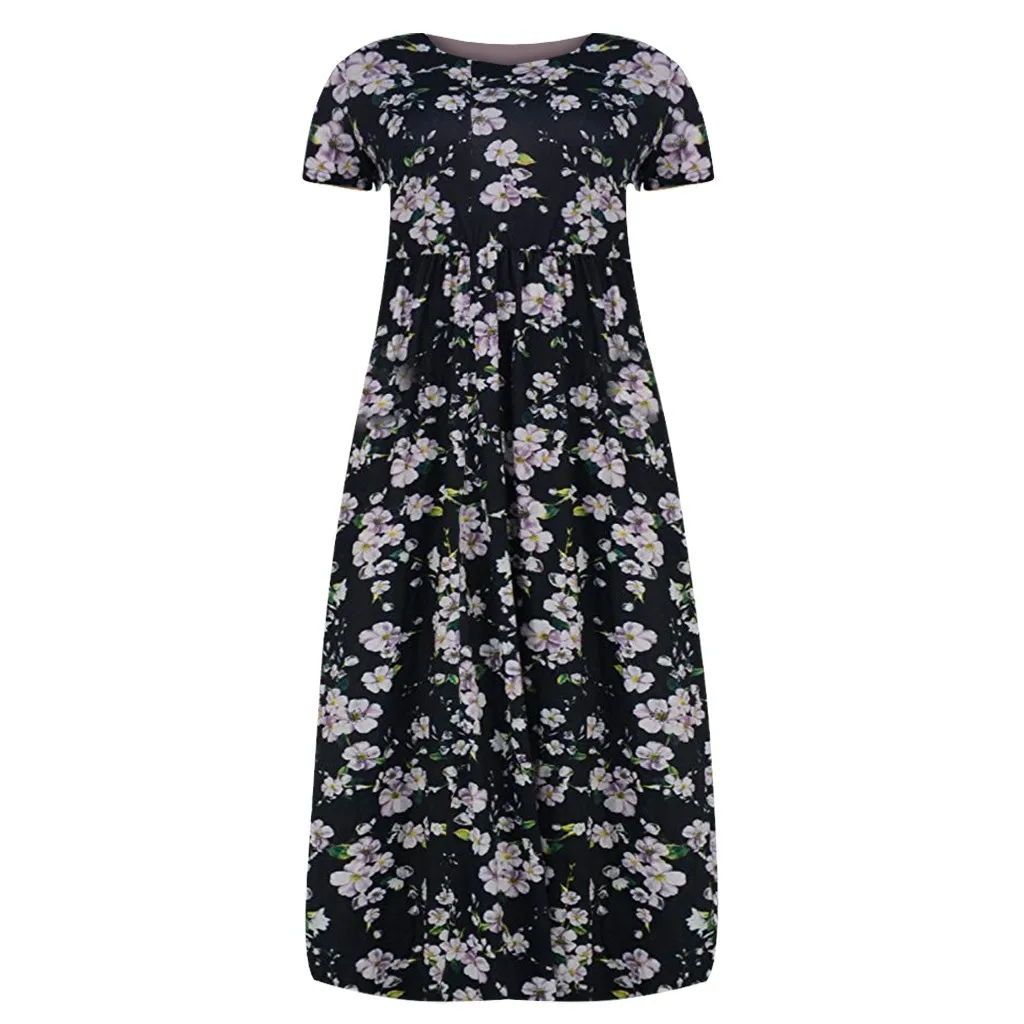 Женское летнее Повседневное платье размера плюс 5xl с круглым вырезом и коротким рукавом, однотонное богемное пляжное длинное платье с карманами L0520