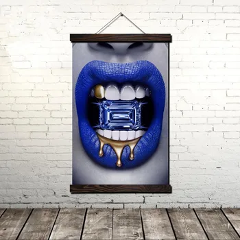 

Blue Gem Lips Scroll Painting Canvas Vintage Poster and Prints Wall Art Pictures Living Room Bedroom Decoration