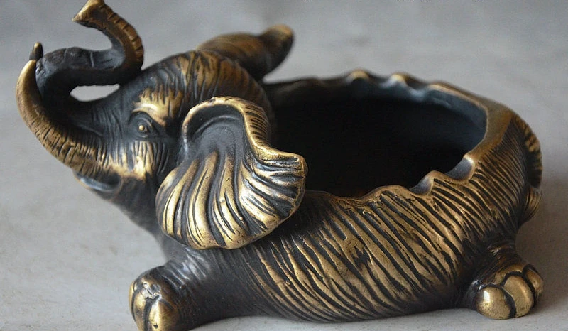 

7 Old China FengShui Bronze Jixiang Wealth Elephant Ashtray Writing Brush Washer