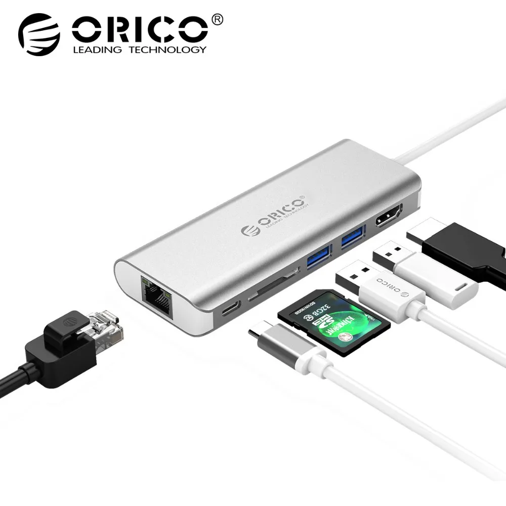 

ORICO 6 in 1 USB C HUB USB-C to HDMI Card Reader RJ45 PD Adapter for MacBook Samsung Galaxy S9 /S8 Huawei Mate10 Type-C Charging