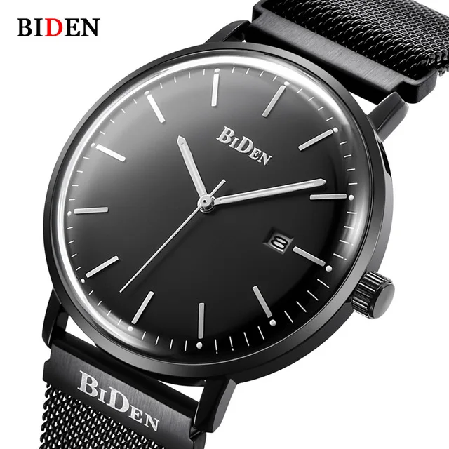 

BIDEN Auto Date Men Quartz Watch Stainless Steel Mesh Band Watches Fashion Slim Man Watches Male Relogio Sport Wristwatches 0052