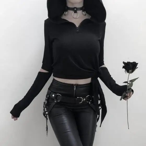 

Gothic Black Punk Style Women Sweatshirts Slim Hooded Plain Hollow LaceUp Girls Sexy Spring Female Zipper Hoodies DV306