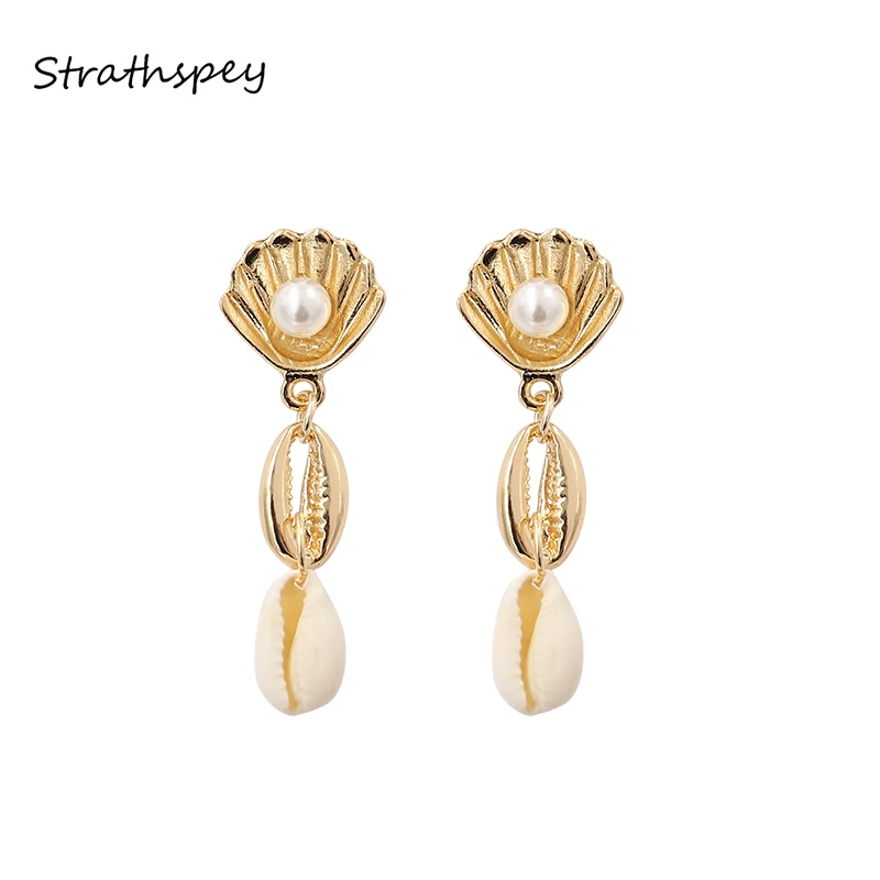 

STRATHSPEY Bohemia Seashell Pearl Earrings For Women Beach Conch shell Earring Cowrie Shell Statement Earing Summer Jewelry