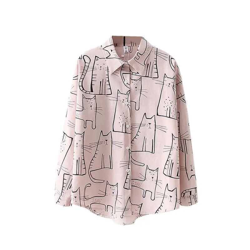 Hot 2019 Cotton Cute Cat Print Loose Casual Ladies Blosues Tops Women Turn Down Collar Long Sleeve Shirt Blouse Shirt silk blouses