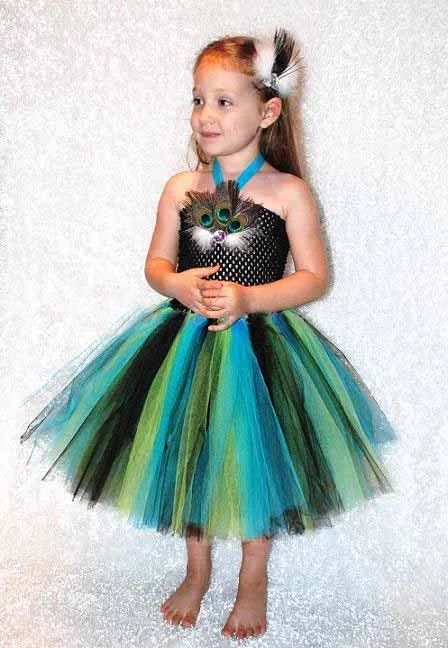 Stunning Peacock Tutu Dress and Matching Hair Clip Girls Peacock Feather Dress Halloween Photo Props Fancy Cosplay Clothing (2)