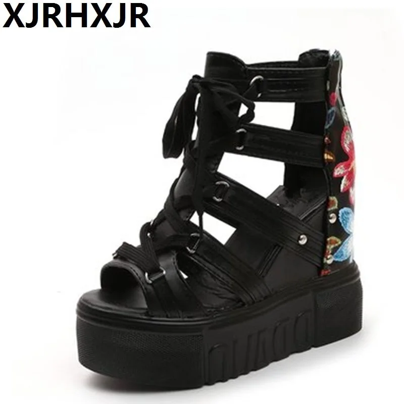 

XJRHXJR Size 34-39 Gladiator High Wedges Sandals Women High Platform Height Increasing Heels Shoes Women Party Daily Footwear