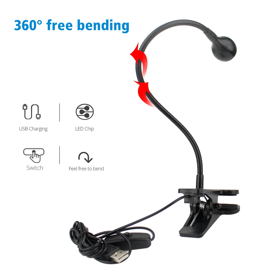  LED Desk Lamp With Clip 3W DC 5V USB Flexible LED Stand Clip Reading Light Clip-on Beside Bed Table - 32920635986