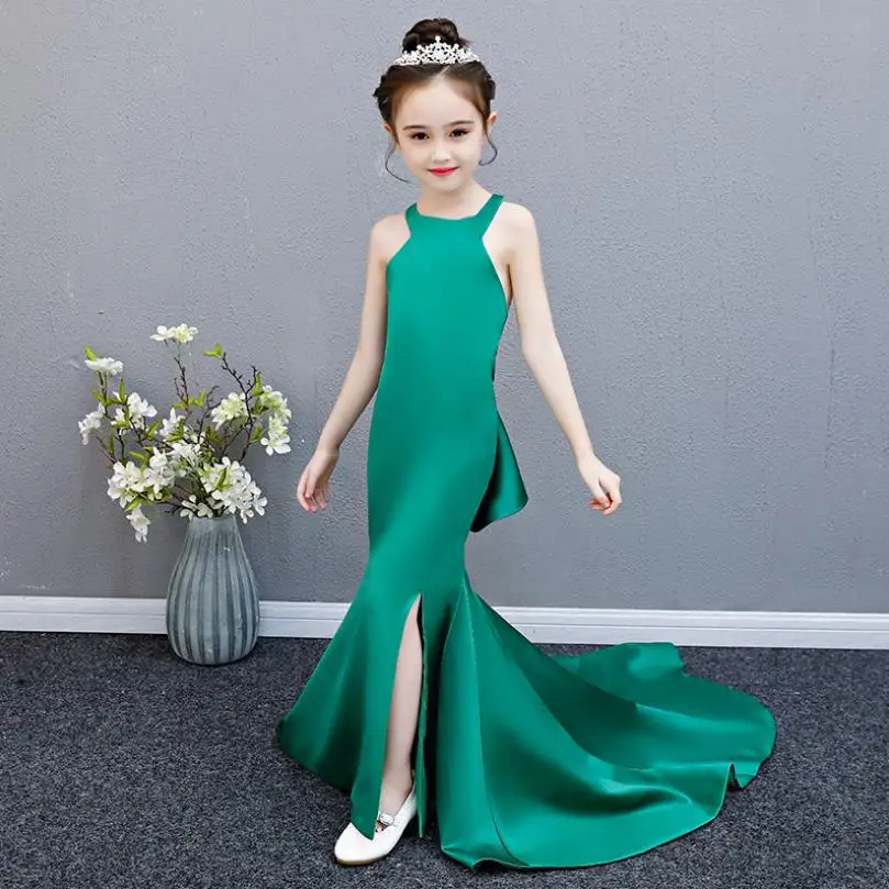

New Baby Girl Dress Tailing Hanging Neck Slim Princess Dress Caustom Sleeveless Children Girls Wedding Party Mermaid Dress Y479