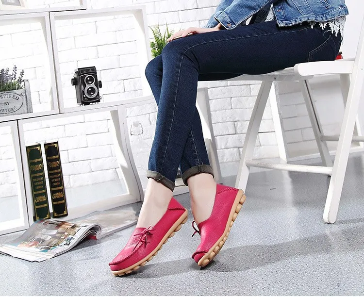 2016 New Real Leather Woman Flats Moccasins Mother Loafers Lacing Female Driving Casual Shoes In 16 Colors Size 34-44 ST179 (34)