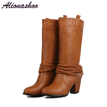 

Alionashoo Large Size 47 Women Knee High Boot Cowboy Cowgirl Boots with Lace and Chain Decoration Western Shoes Motorcycle Boots