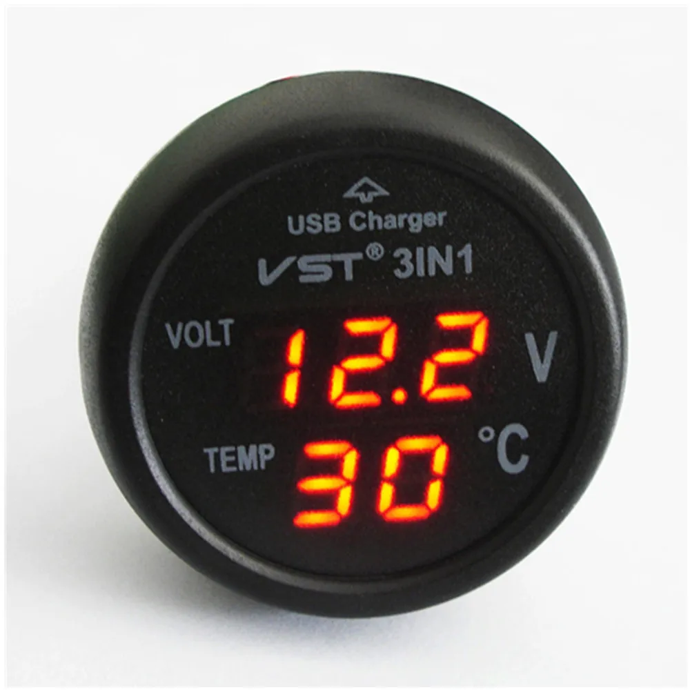 LED auto Voltmetr Auto Gauge 3in1 / 12V 24Volt Napájecí měřič teploty s USB nabíječkou do auta