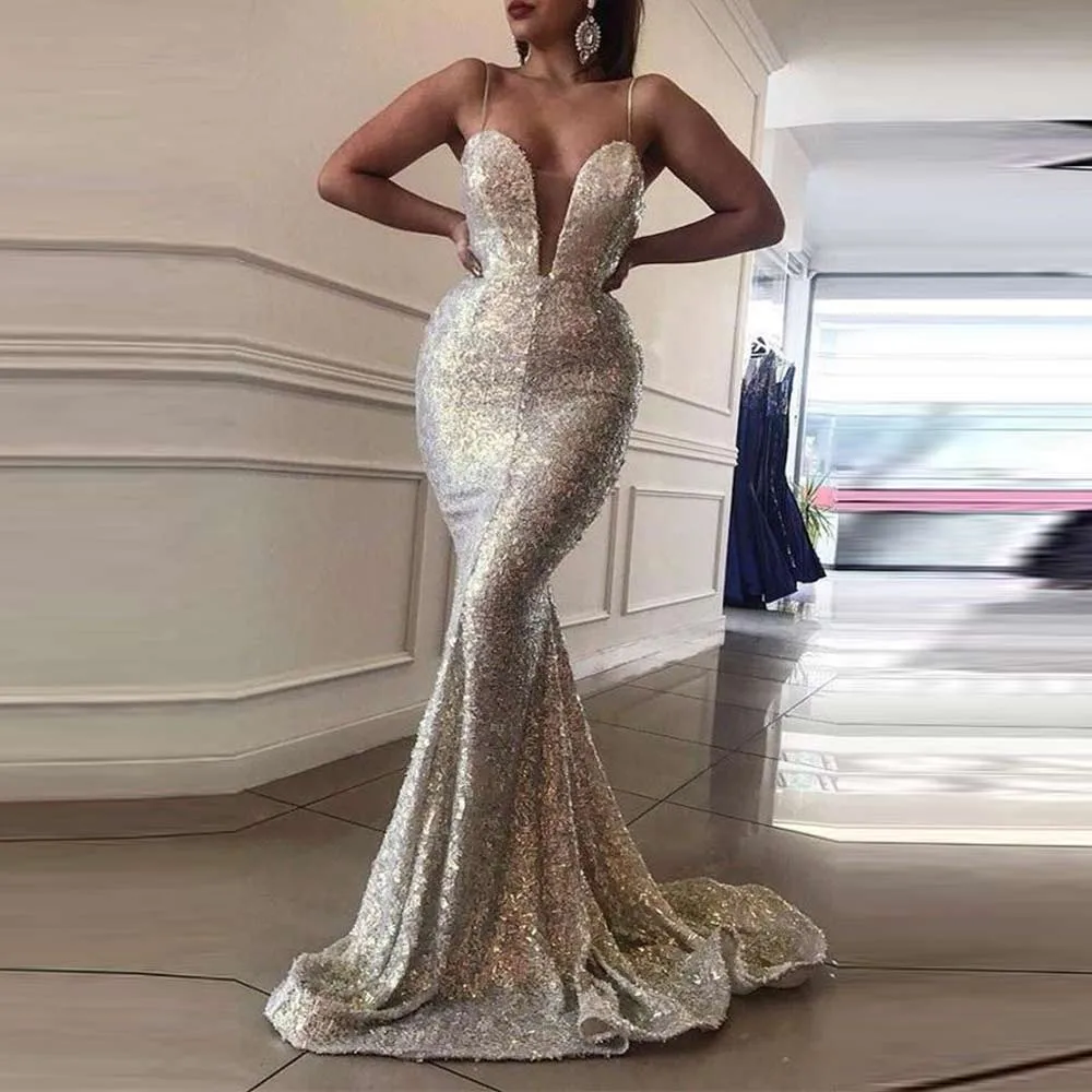 

Party Dress Women Sexy Sequined Deep V Neck Sleeveless Spaghetti Strap Back Hollow Long Mermaid Dresses Elegant Maxi Dress Robe