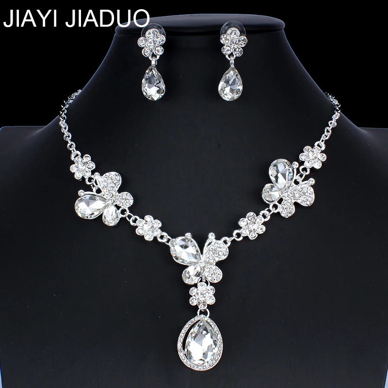 

Jiayijiaduo Indian Women's Wedding Jewelry Set Silver Color Necklace Earrings Crystal Jewelry Fashion dropshipping NE+EA