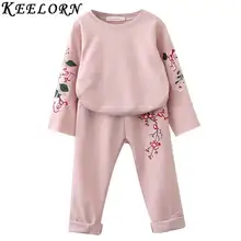 Keelorn/комплекты одежды для девочек г. Весенне-зимняя одежда для мальчиков и девочек толстовки с цветочной вышивкой+ повседневные штаны Детский костюм из 2 предметов
