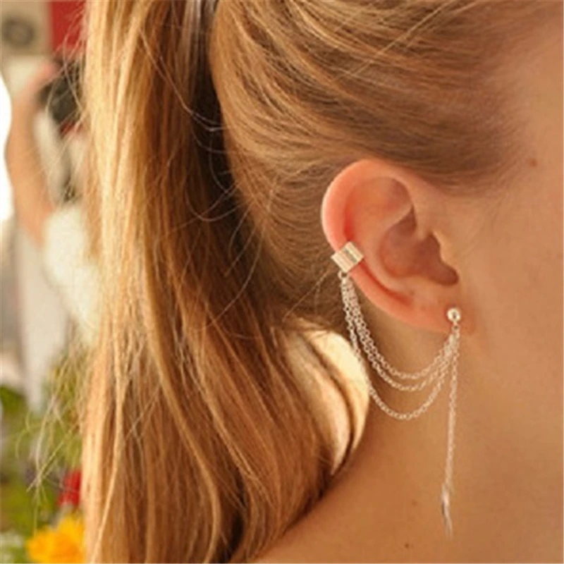 

H:HYDE New 1pc Tassl Metal Clip Earrings Sliver & Gold Colors Leaves Personality Earrings for Women Fashion Jewelry