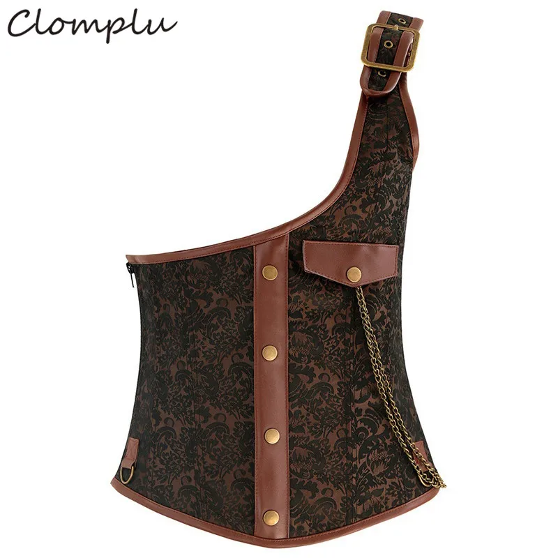 

Clomplu Men Corset Brown Black One Shoulder Leather Corsets Steampunk Retro Style Tops 6XL Plus Size Slimming Belly Control