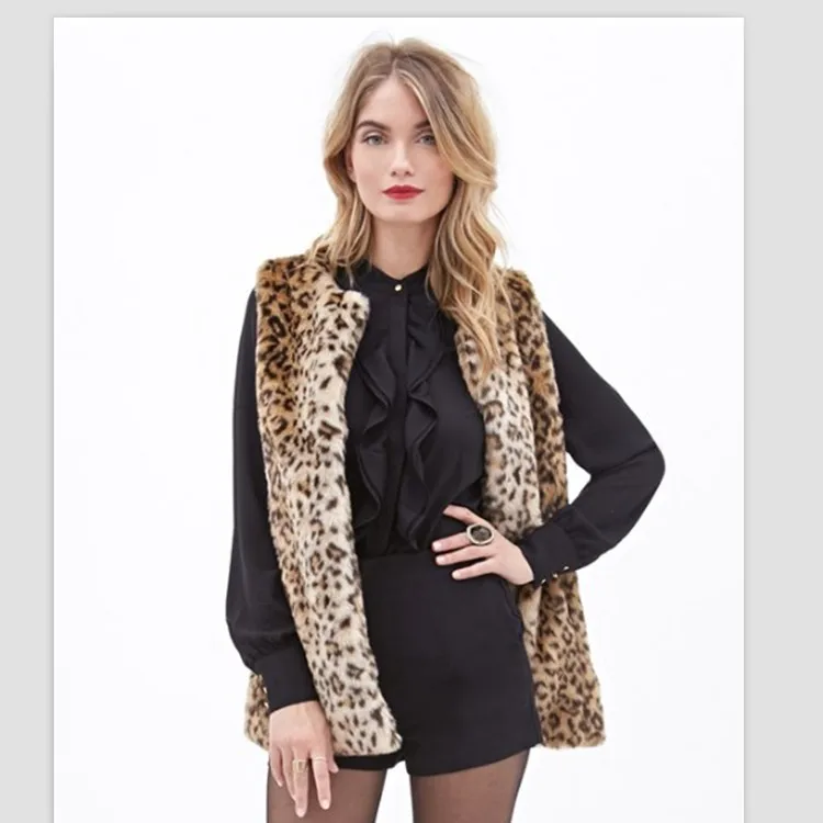 2019 New Middle and Long Style Leopard Print Fur Vest Coat Women Thin Faux Fur Jacket Female V-necked Furs Coats Gilet fur vest