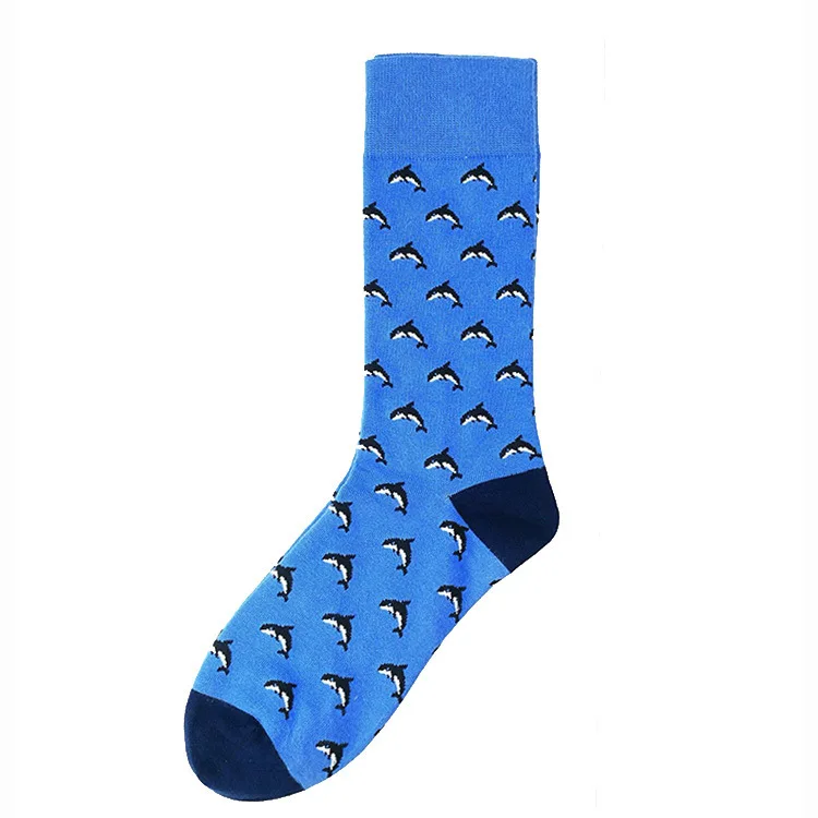 PEONFLY/мужские носки, японский стиль, хлопковые Разноцветные носки в полоску с забавными радужными рисунками, носки для покера, повседневные носки, Calcetines Hombre - Цвет: Dolphin blue