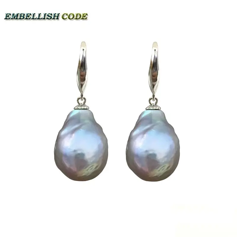

special big size baroque nucleate stely hook dangle earring flameball shape gray grey color natural pearl 925 Sterling silver