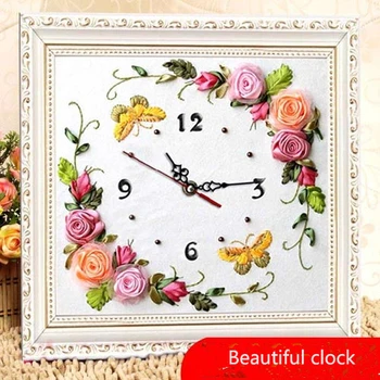 

DIY painting unique craft gift wall sticker Clock color rose flower cross stitch needlework 3D DIY satin Ribbon embroidery home