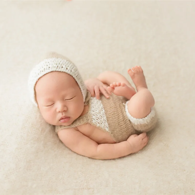 

Beige Newborn Photography Bonnet Knitted Baby Jumpsuit Baby Girl Romper Onesie Stretch Fluffy Hat For Newborn Photogrpahy Props