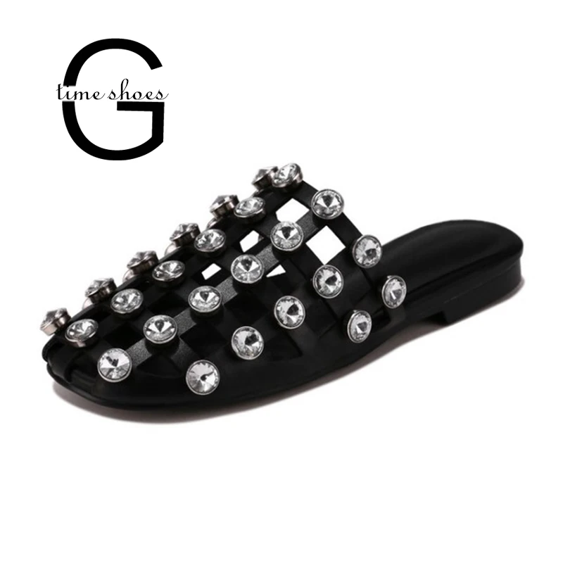 

Gtime Black Brown Leather Beach Sandals Mules Slip On Crystal Studded Slippers Women Flat Slides Caged Shoes Plus Size XJJ331