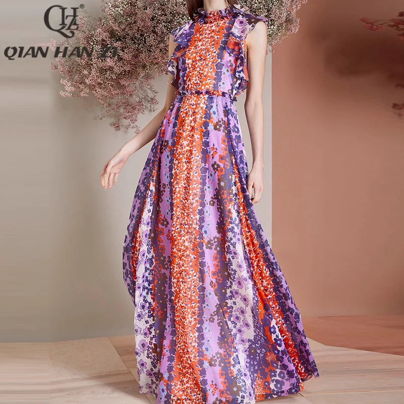 

Qian Han Zi Newest Designer fashion runway Maxi dress Women Sleeveless Ruffled Flower Print Elegant Bohemian Chiffon long Dress