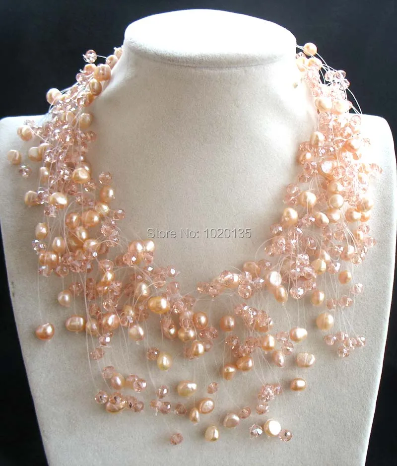 

wholesale freshwater pearl pink baroque 5-6mm and quartz faceted necklace 17inch nature handcraft fashion necklace
