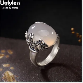 

Uglyless Real S 990 Fine Silver Natural Chalcedony Rings for Women Luxury Gems Opening Ring Engraved Butterfly Bud Leaves Bijoux