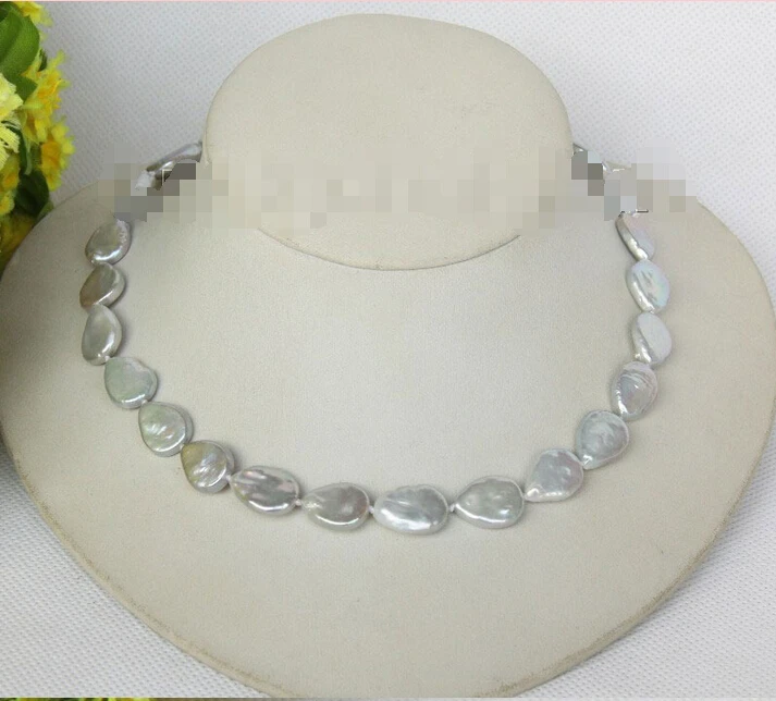 

FREE shipping>>>>Genuine 17" 17mm gray drip coin fastener pearls necklace j10135 6.07