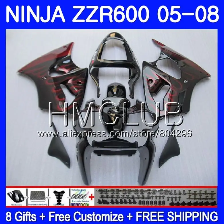 Кузов Красный Пламя для KAWASAKI NINJA 600CC ZZR600 05 06 07 08 34HM. 2 ZX600CC ZZR-600 ZZR 600 2005 2006 2007 2008 Обтекатели