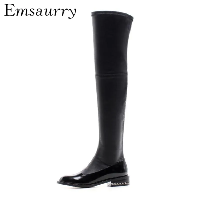 

Chained Square Chunky Heel Over The Knee Boots Black Leather New Autumn Winter Fashion Runway Booties Women