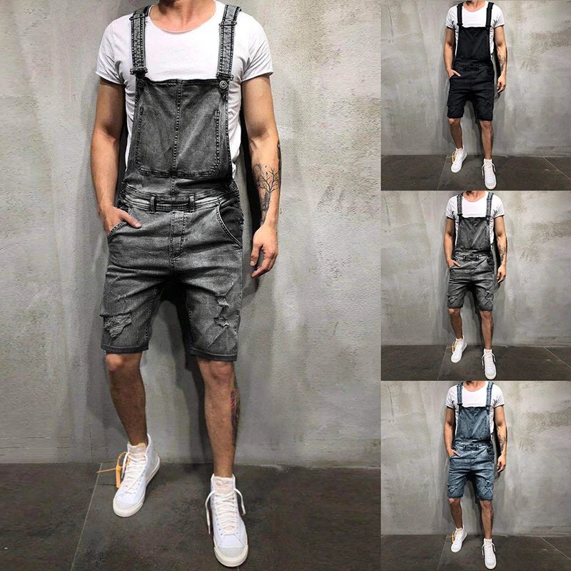 

2019 Plus size Men's Ripped Jeans Jumpsuits Shorts Summer Hi Street Style Distressed Denim Bib Overalls Suspender Short Pants