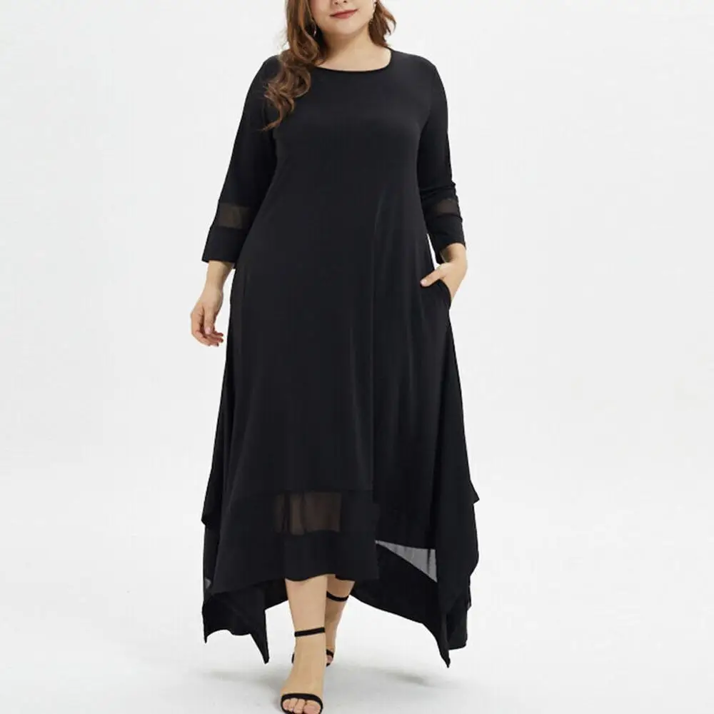 

2019 Plus Size Dress Women Dress Solid O-Neck Three Quarter Sleeve Muslim Long Dress Casual Dress Vestidos New