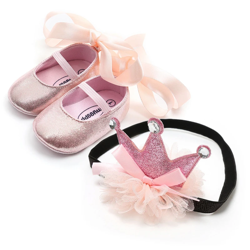Очаровательные обруч и туфли для младенцев, новая обувь принцессы для новорожденных девочек, обувь с бантом для маленьких девочек, аксессуары с кружевной головкой для детей 0-18 месяцев