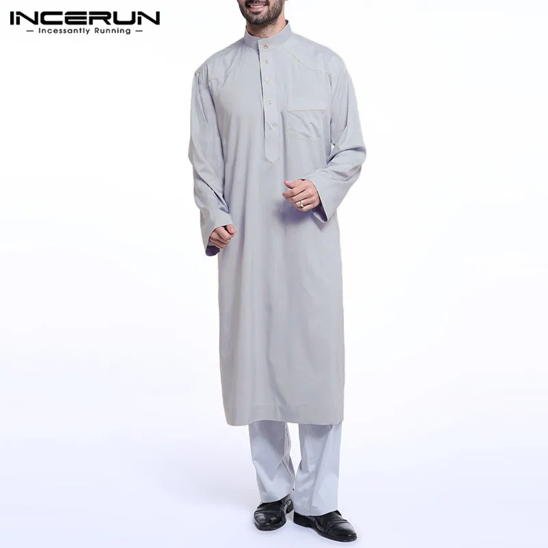Платье INCERUN мужское длинное исламский кафтан Jubba Thobe однотонная мусульманская