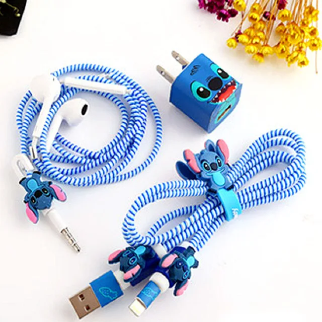 Stitch Модный милый мультяшный usb-кабель, защита для наушников, набор с кабелем, стикеры для намотки, Спиральный шнур, протектор для iphone 5, 6, 6s, 7 plus, 8 - Цвет: Stitch