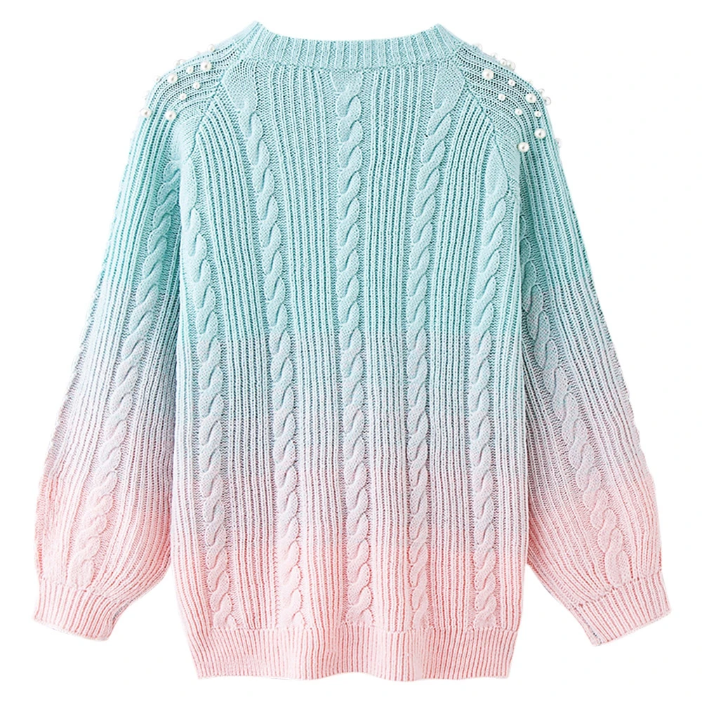 Round Collar Long Sleeve Beaded Color Blocking Women Sweater