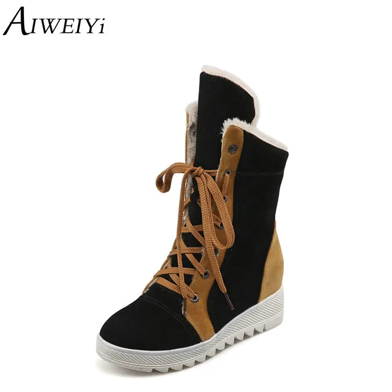

AIWEIYi Ankle Boots for Women Patch Color Round toe Height Increasing Women Boots Lace Up Winter Shoes Snow Boots