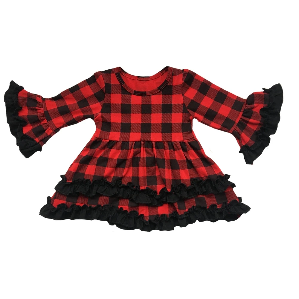 

girls Black RED buffalo plaid ruffle flower girls dress cake tutu long sleeve dress