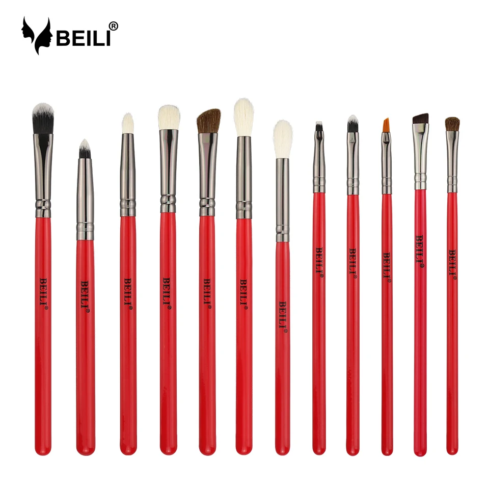 BEILI Professional Red 12PCS Makeup Brushes Natural Hair Foundation Eyebrow brush Eye shadow Lip Brushes Eye