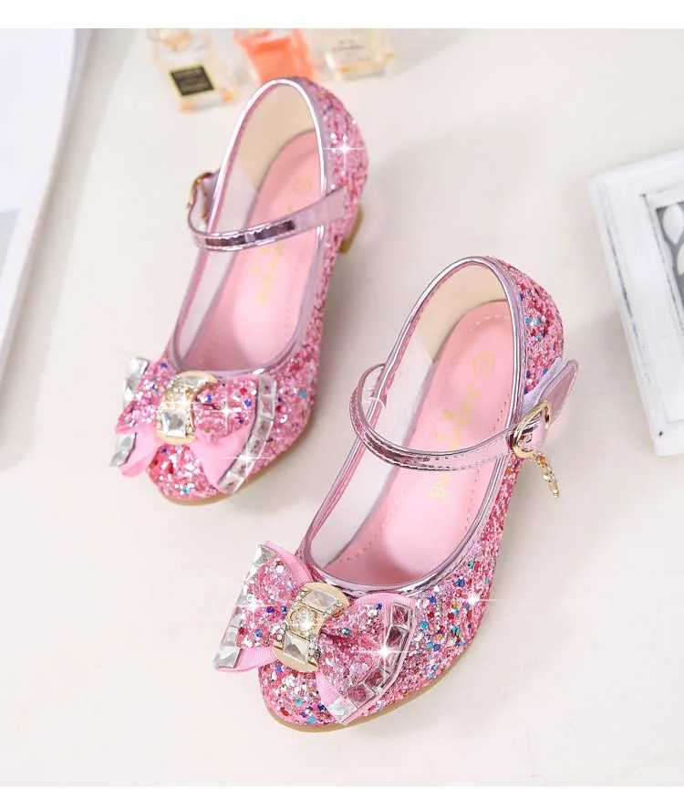 ULKNN Kids Leather Shoes for Girls Flower Casual Glitter Children High Heel 2021 Girls Shoes Butterfly Knot Blue Pink Silver children's sandals