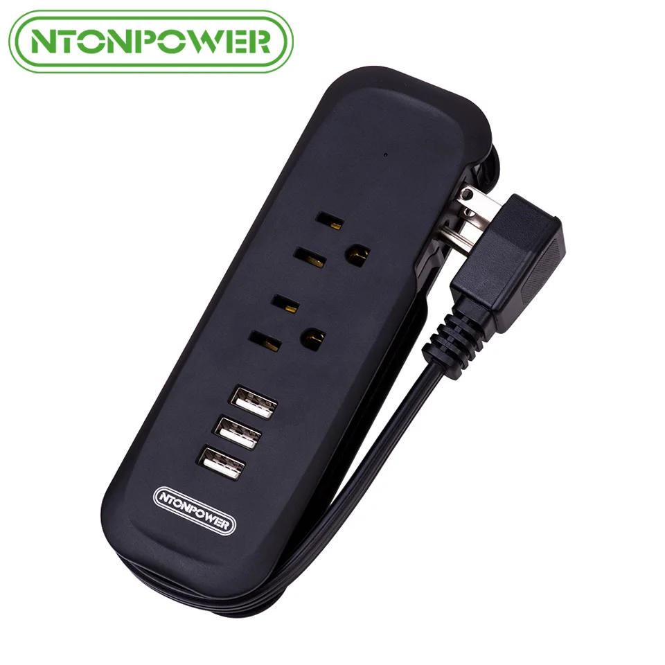 NTONPOWER USB Power Bar US Electrical Flat Plug 2 Outlets 3 USB Ports