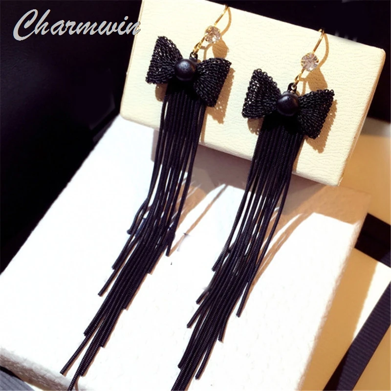 Charmwin новые серьги с кисточками Висячие для женщин увеличенный лук золотистого и
