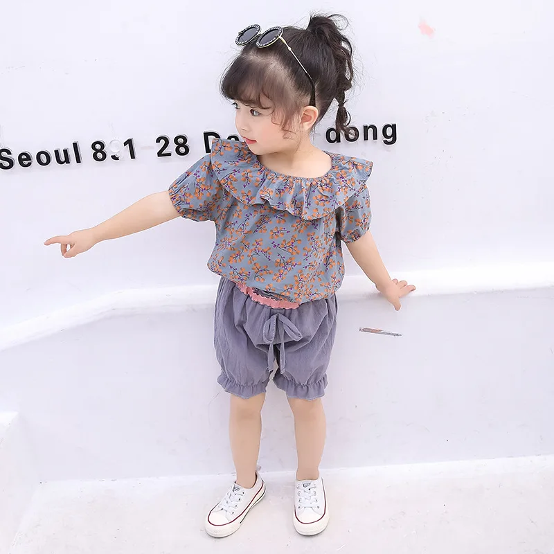 

2 Pcs/set Summer Floral Children Korean Version Of The Tide Fashion Lotus Leaf Foreign Gas Female Baby Suit 2019