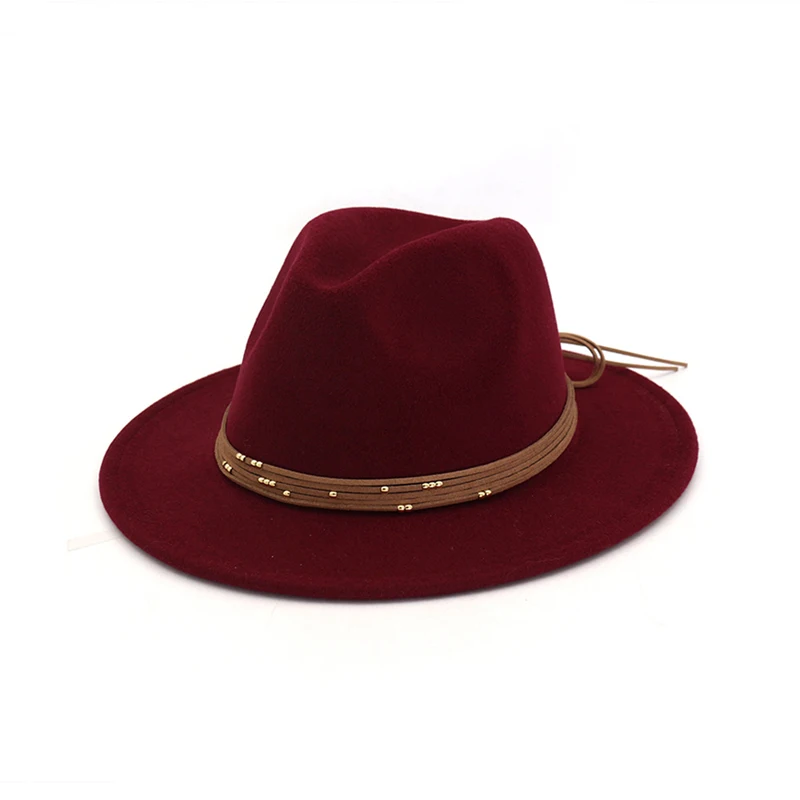 Модные с широкими плоскими полями шерстяные войлочные шляпы-федоры шляпы с лентой мягкая фетровая шляпа в джазовом стиле официальный топ шляпа Панама Кепка широкополая шляпа для мужчин и женщин - Цвет: wine red