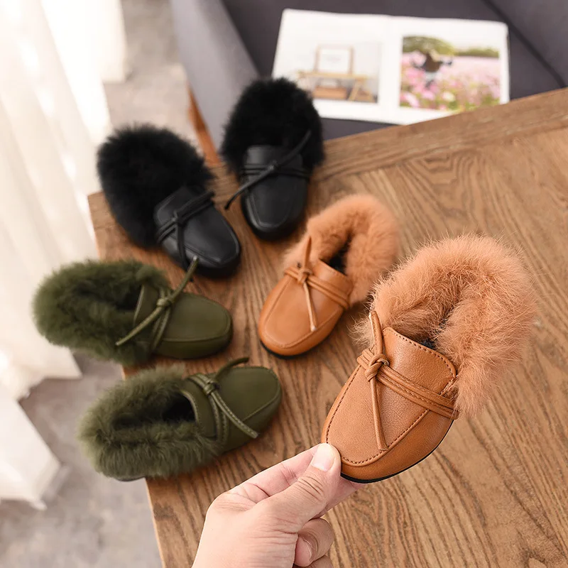 Mumoresip/осенне-зимняя детская обувь; лоферы из искусственной кожи; теплая плюшевая обувь с пушистым мехом для мальчиков и девочек; классическая детская мягкая обувь на плоской подошве с бантом