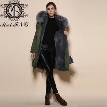 Элегантный Дизайн Серая длинная куртка с натуральным мехом съемный воротник пальто с капюшоном меховая подкладка парка