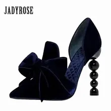 Jady/Роза; дизайнерские женские туфли-лодочки на каблуке; Украшенные жемчугом туфли на высоком каблуке 9 см с острым носком и бантом; бархатные туфли на шпильке; модельные туфли для женщин
