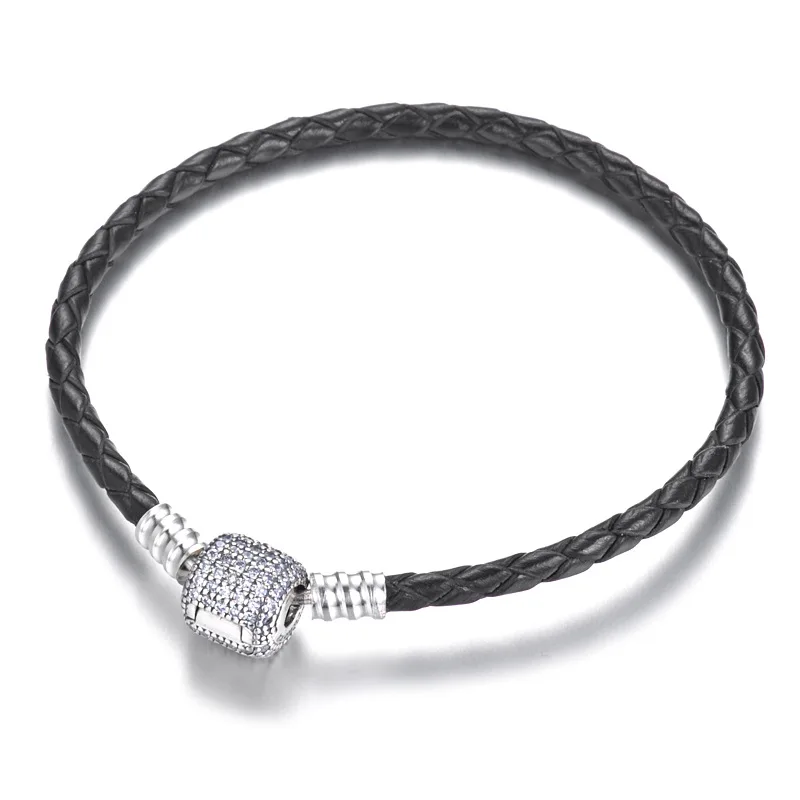 

Genuine 925 Sterling Silver Bead Charm Leather Lobster Clasp Snake Chain Beads Pandora Bracelet & Bangle Women Diy Jewelry